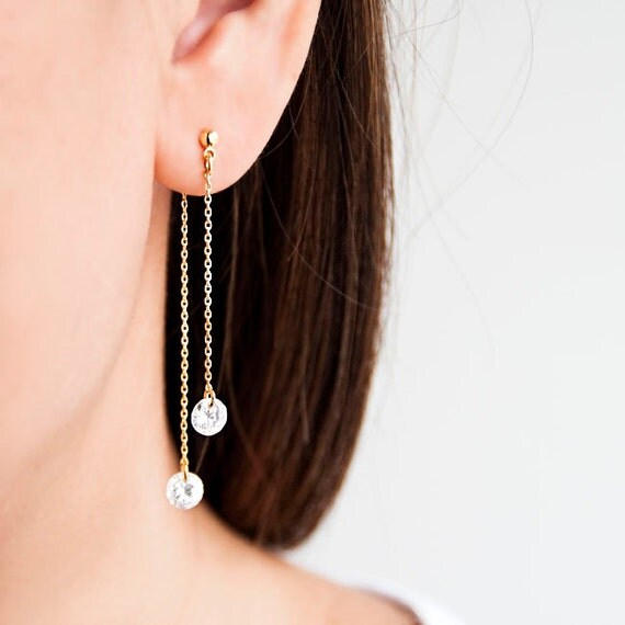Tiny Double Sided CZ Front Back Long Chain Earrings Gold by matoto