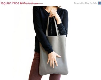 Grey leather bag, women tote bag