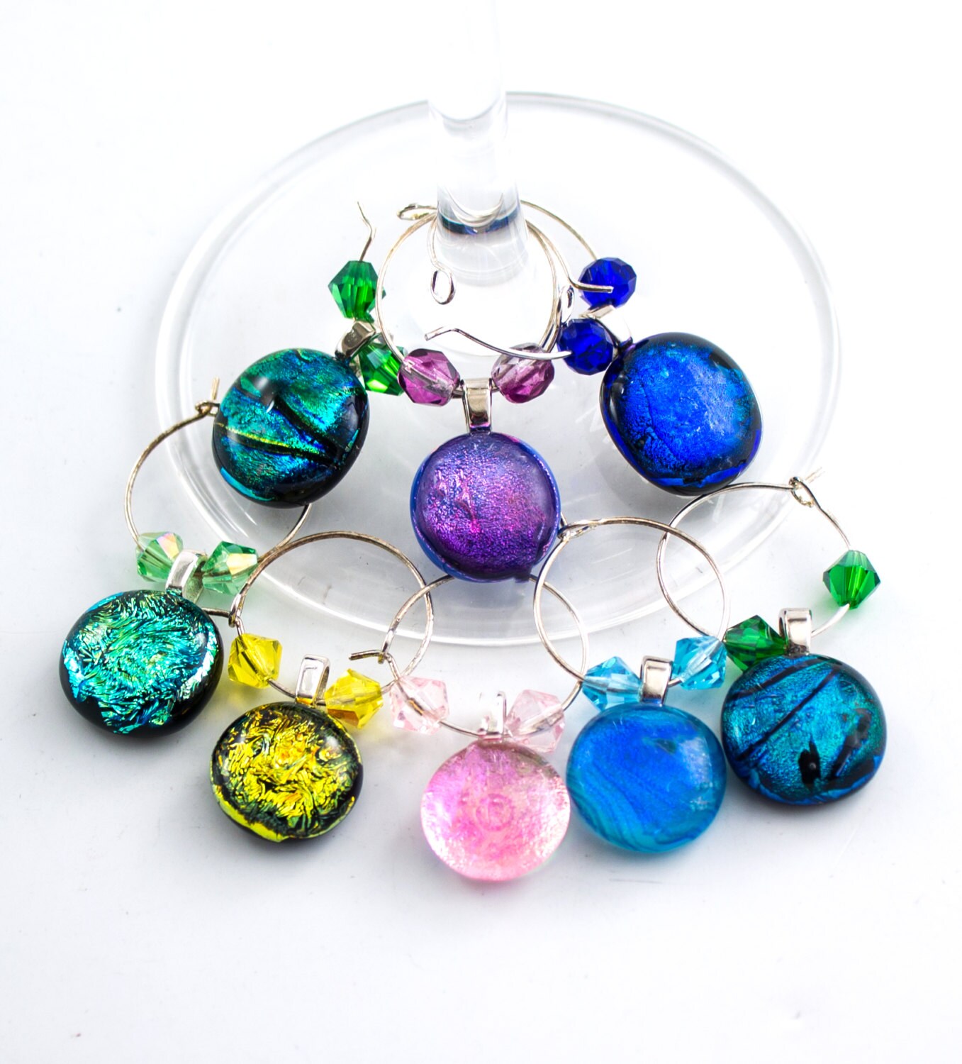 Dichroic Wine Glass Charms Fused Glass Drink Markers Set of