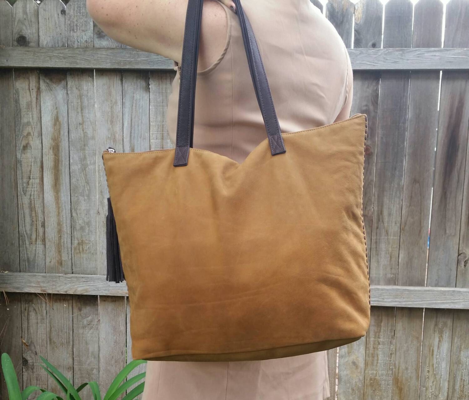 Camel Soft Leather Tote Bag with Tassel Large Suede
