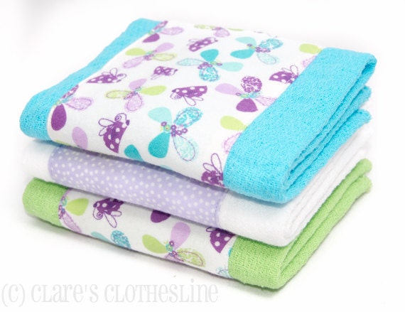 Baby Burp Cloths - Purple, Aqua and Green Butterflies Burp Cloth Set of 3 - READY TO SHIP