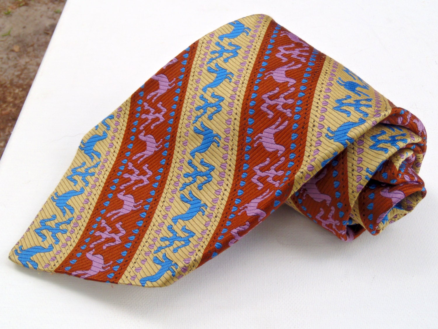 Vintage 1970s Wide Rust Yellow and Blue Aztec Stripe Polyester Tie ...