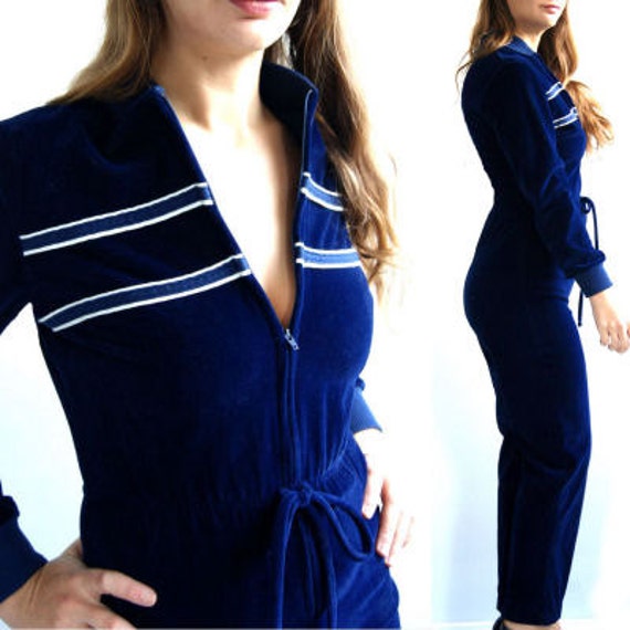 charlies angels 1970s navy zip Velvet Jumpsuit by milkhoneyinc