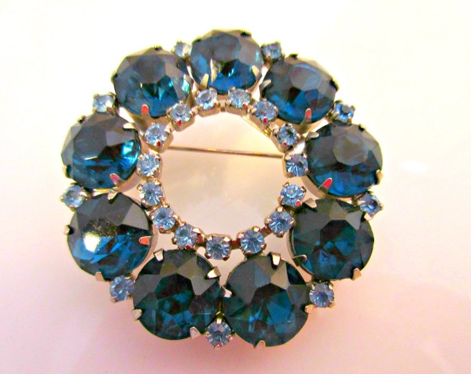 Blue Rhinestone Wreath Brooch - mid century - light and dark blue Crystal Round pin