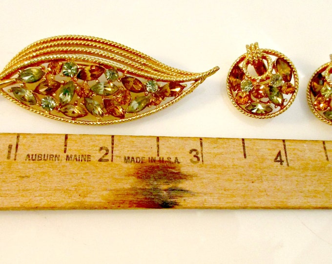 Rhinestone Brooch and earrings set - gold leaf - brown green rhinestone - Autumn Earth tone -Mid Century