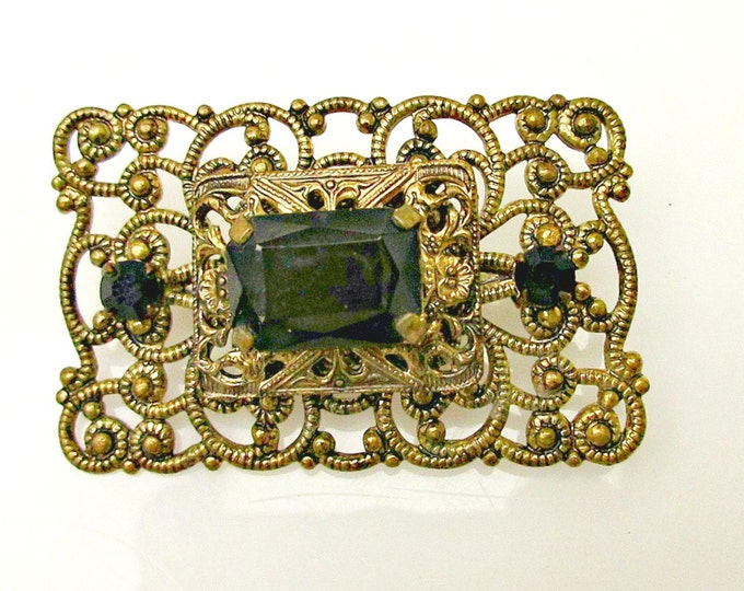 Black Glass Brass Brooch rectangle gold filigree mourning pin