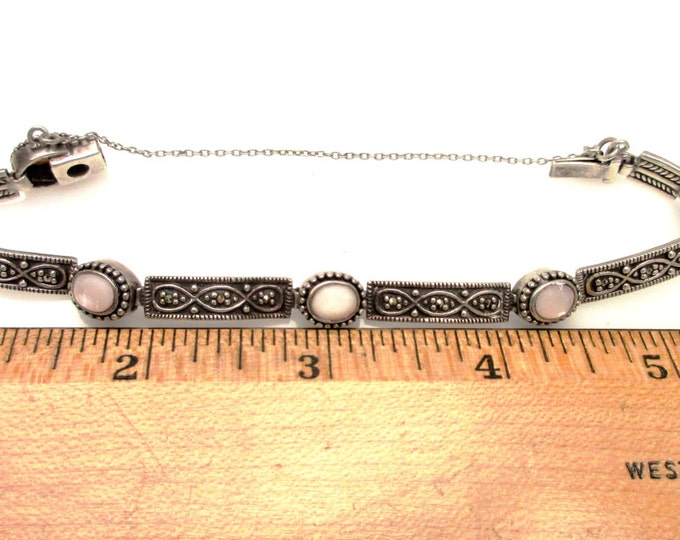 Sterling Link Bracelet - Mother of Pearl - Marcasite - silver tennis bracelet - Bangle