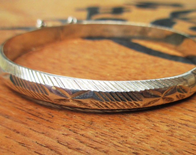 Sterling Silver Bracelet - Hinge Bangle - etched floral design - safety chain