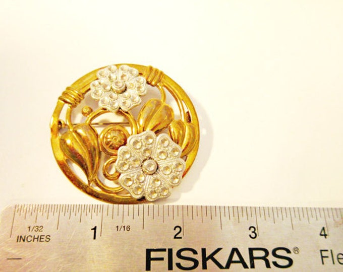 Flower Brooch - Art Deco - stamped brass - cut silver steel - Floral pin