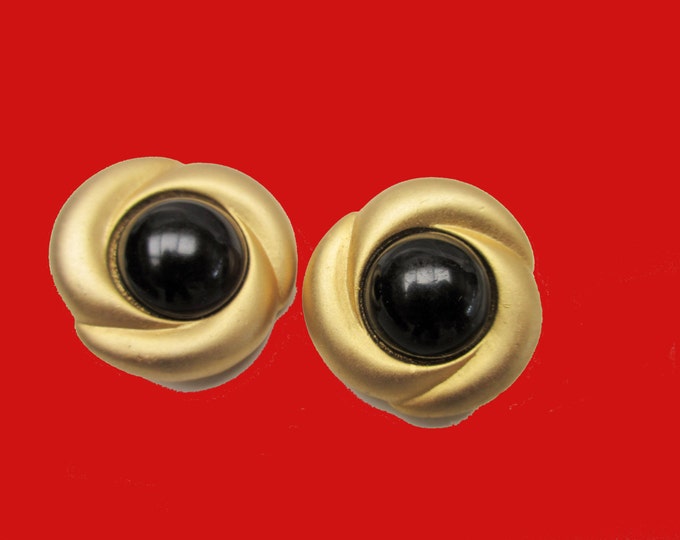 Norma Jean Earrings - Gold Black -round button - Clip On earrings