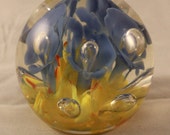 Vintage Glass Flowers with Bubbles Paperweight