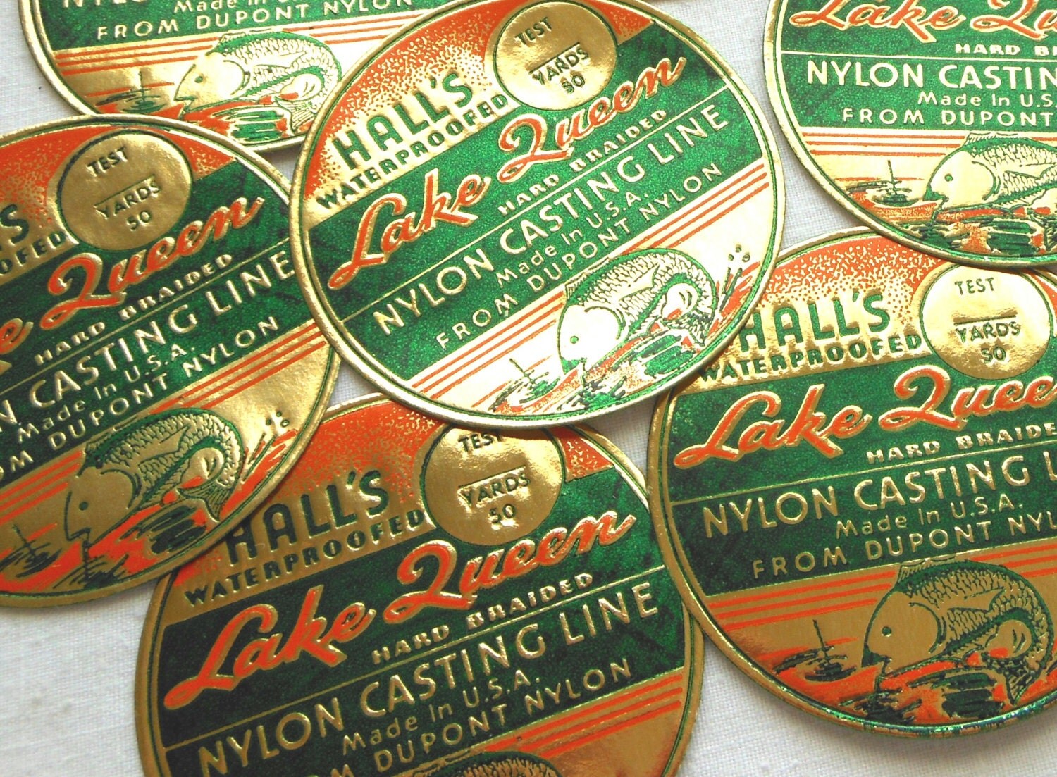 Vintage Fishing Line Labels Rare 1940s Embossed Orange