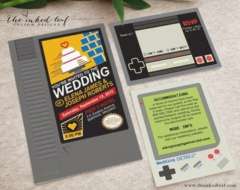 Geek Wedding Invitations, Nintendo NES Cartridge Mario Inspired, Nerd Couple Wedding, Game Boy Classic, Gamer Party, Gamer Wedding