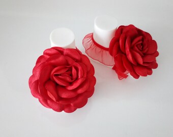Red baby barefoot sandals and a headband-Red Rose with Satin Fabric Baby Barefoot Sandals- Baby Sandals - Barefoot Sandals