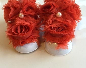 Adorable Orange Color Shabby Chiffon Fabric Flower Baby Barefoot Sandals. Newborn Baby Girl Barefoot Sandals, Baby Girl Barefoot Sandals