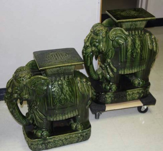 Items similar to Vintage PAIR green ceramic elephants stand stool