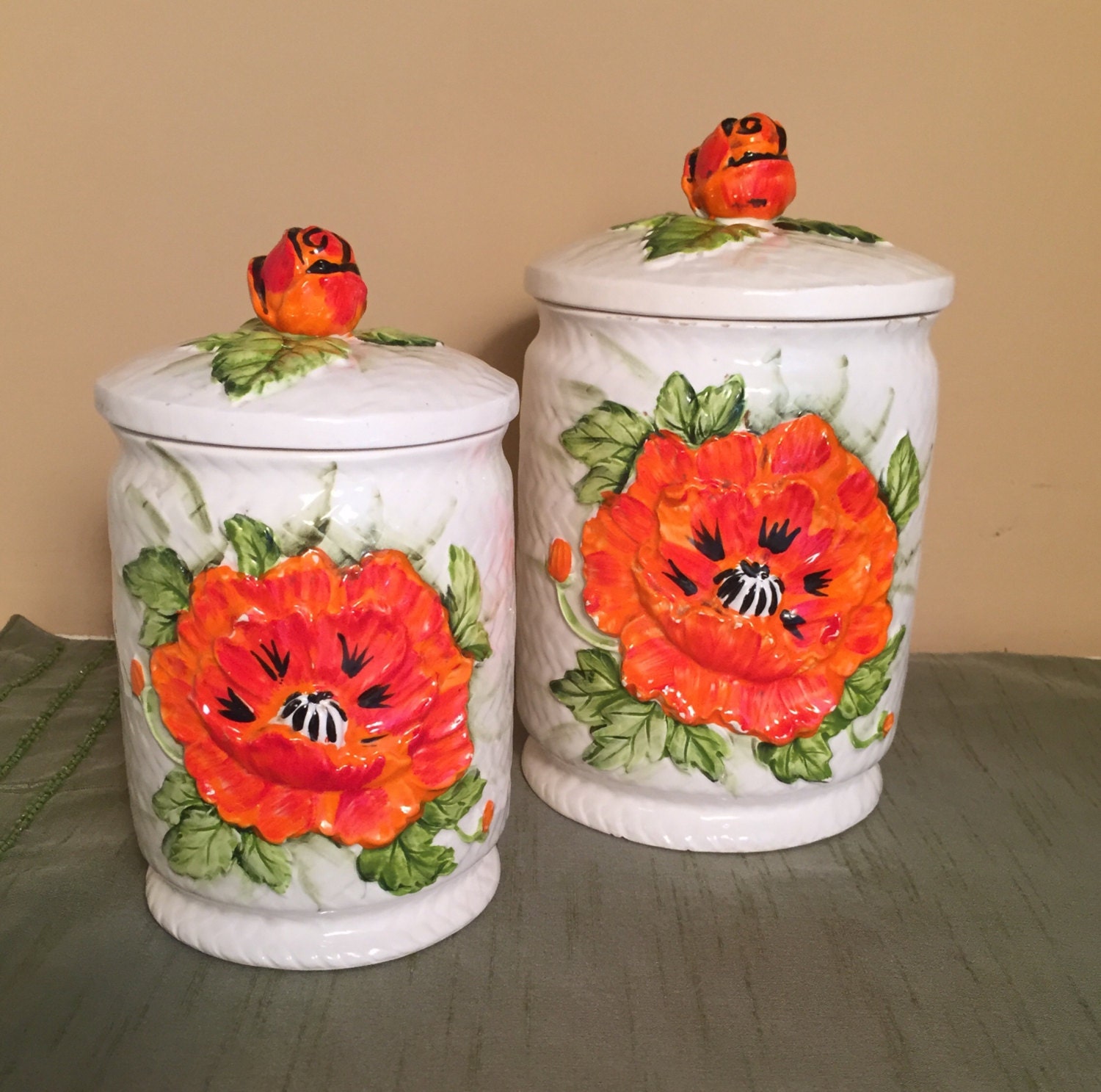 Lefton Japan Canister Set Orange Poppy Ceramic Canister Set