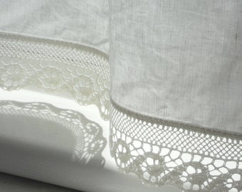 Bathroom window curtains with wave lace edge trim, natural white linen cafe curtain panel in french cottage style, white valance