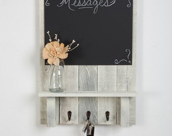 Entry Way Message Center with Chalkboard, Hooks, and Display Shelf