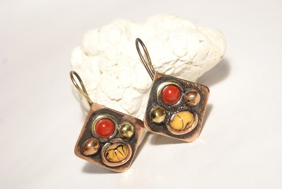 Mixed Metal Earrings Jewelry Handmade Brass and Copper Dangle Earrings Wire Wrapped Handmade Jewelry Earrings Hammered Copper Earrings