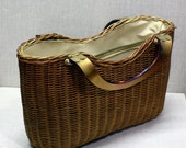 Vintage Ladies Wicker Handbag with Lucite Handles Hand-Made in British Hong Kong