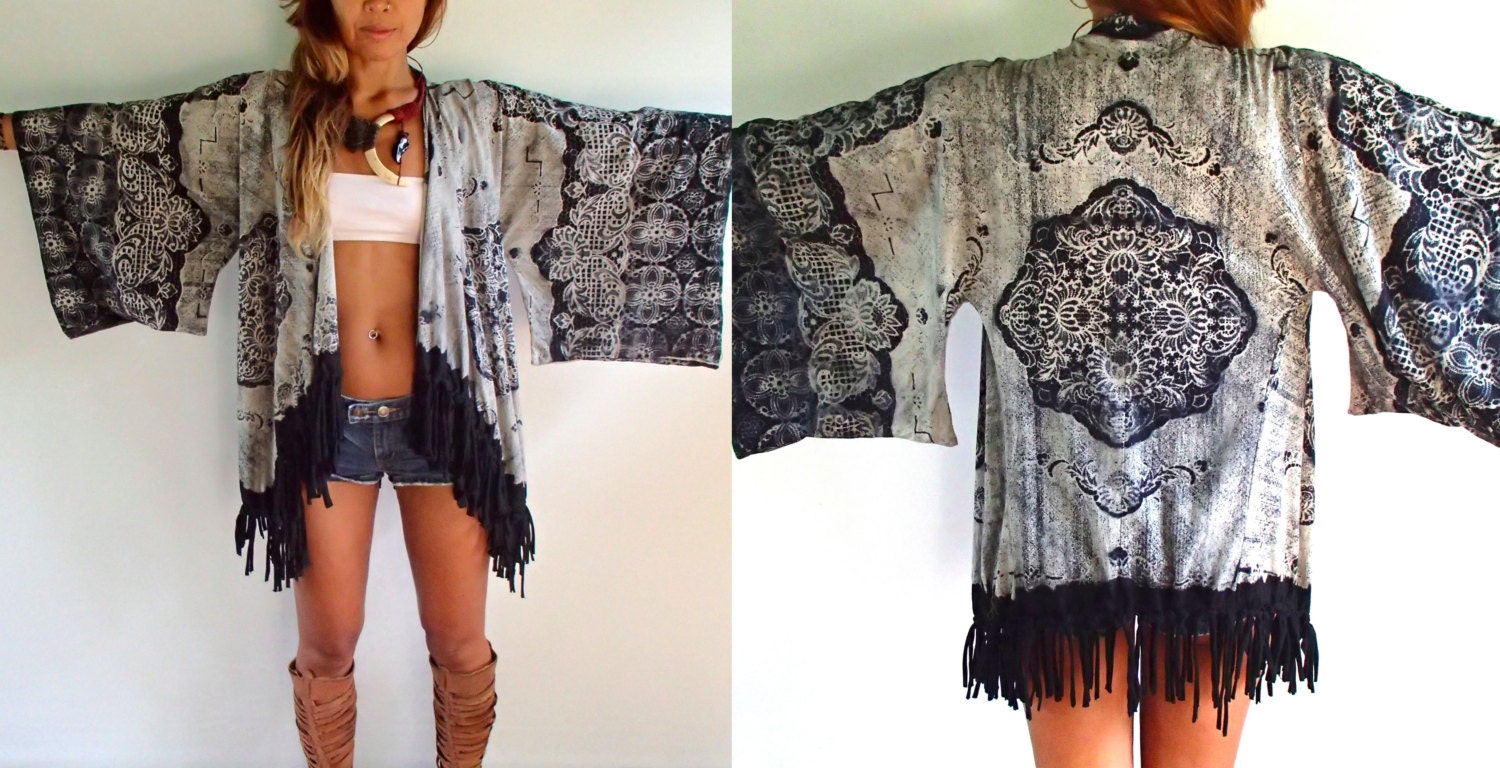 Lelawadi Handprinted Fringe Kimono Jacket with Wing Sleeves