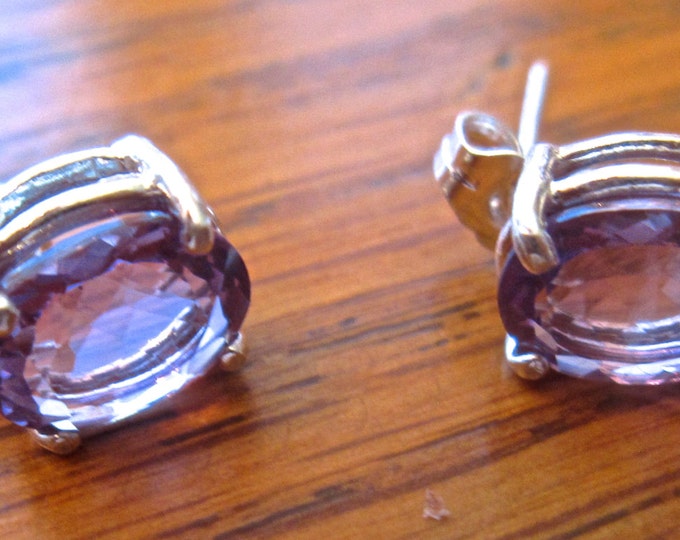 Amethyst Stud Earrings, 9x7mm Oval, Natural, Set in Sterling Silver E773