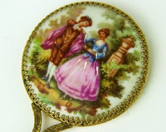 Gorgeous Vintage Fragonard Limoges Small Hand Held Mirror Porcelain Front Brass Trim Beautiful Design with Lovers / Courting Couple Signed