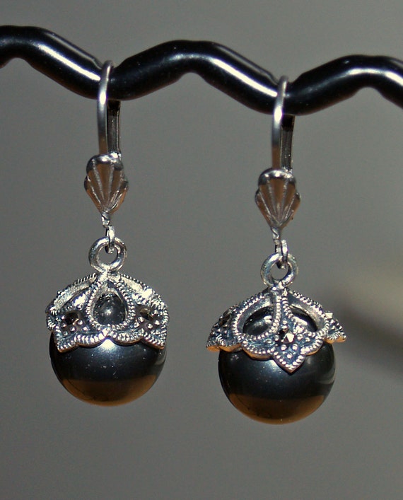 Marcasite Black Pearl Leverback Earrings