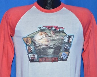 80s Original Star Wars Return of the Jedi Jabba Iron On White and Red Baseball Jersey Vintage t-shirt Small