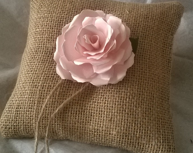 Burlap Ring Bearer Pillow with Pink Rose, Ring Cushion, Made to order