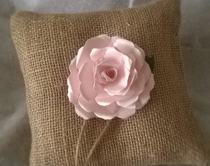 Burlap Ring Bearer Pillow with Pink Rose, Ring Cushion, Made to order