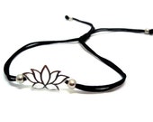 Silver lotus bracelet Yoga bracelet Black string bracelet