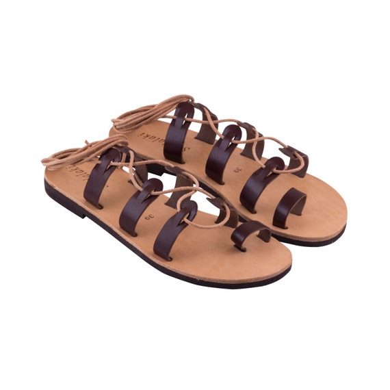 VOTSALO BROWN ,Ankle straps Greek leather sandals in brown