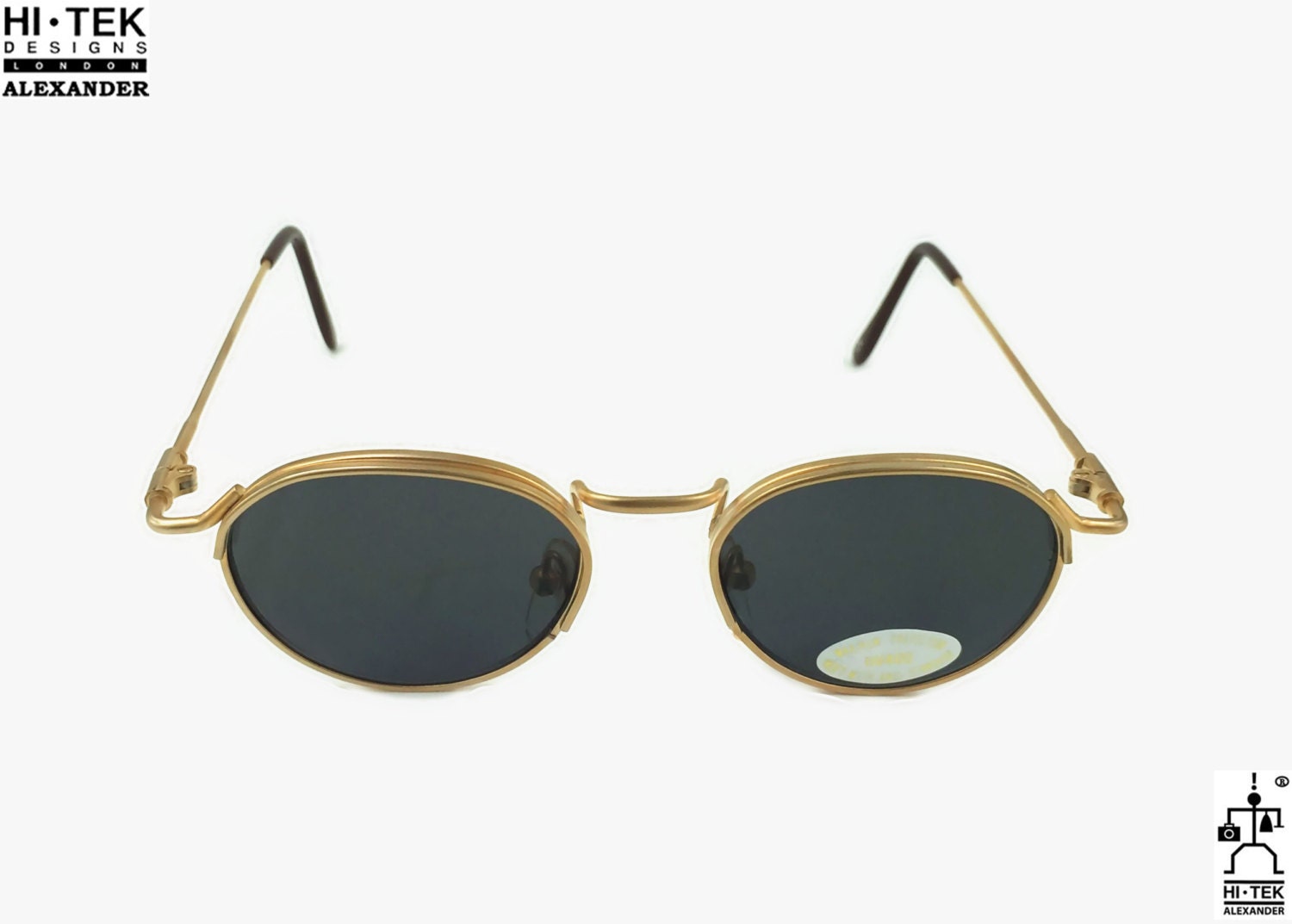 Hi Tek Alexander Unisex Gold Round Oblong Metal Frame Smoke Lens Sunglasses Steampunk 80 S Retro