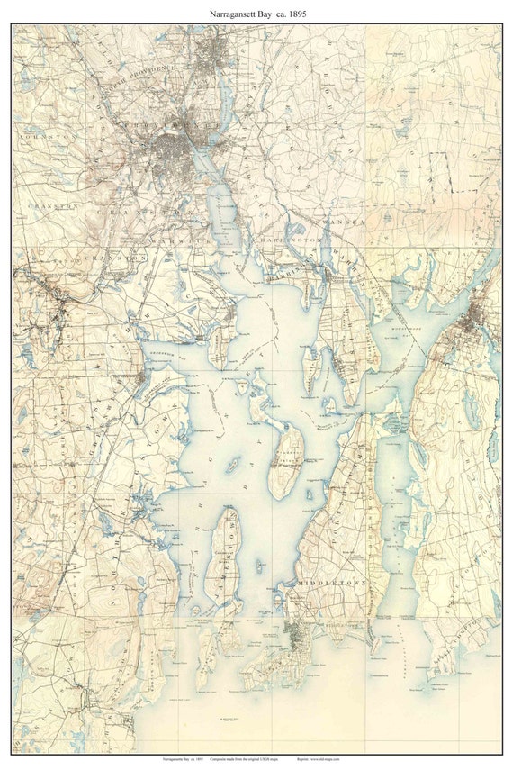 Narragansett Bay Ca 1895 Old Topographic Map by USGS Custom