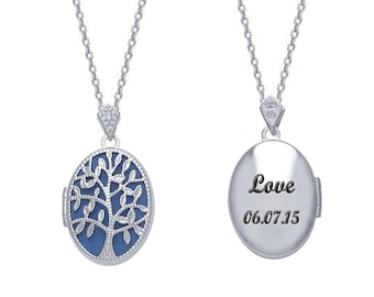 Sterling Silver Oval Locket with CZ Stones - personalized Locket - Filigree "Tree of Life" Locket - Engrave Your Message On the Back