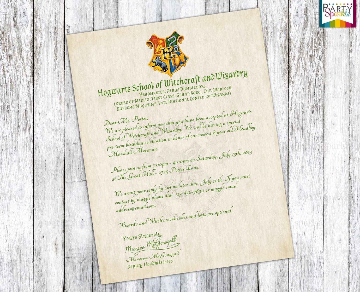 Hogwarts Acceptance Letter Invitation Personalized Harry