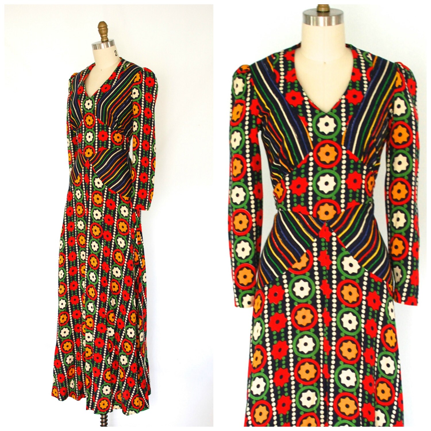 70s Maxi Dress/ 1970s Mod Print Dress/ Retro Floral Boho