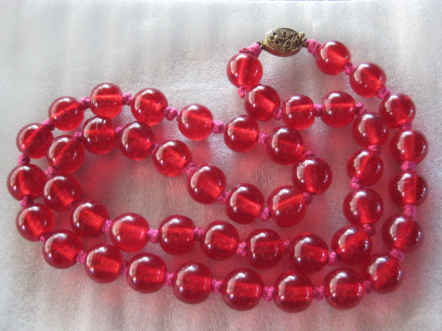 Vintage 26” Long Ruby Red Round Clear Glass Bead Necklace Hand Knotted Haute Juice