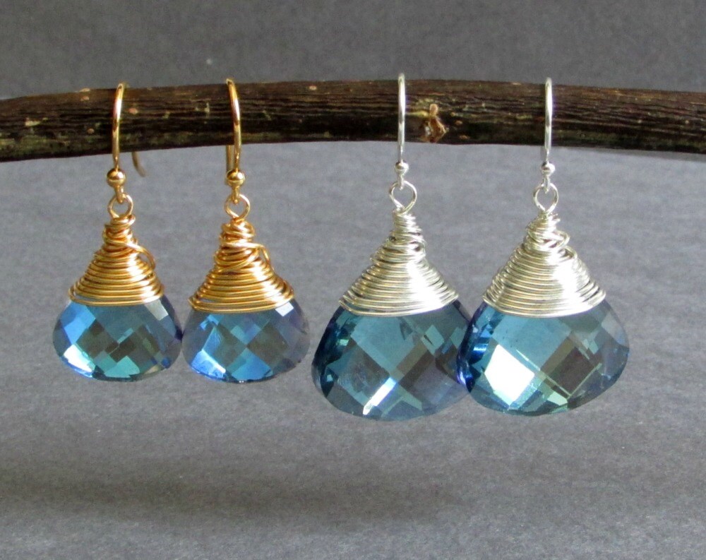 Wire Wrapped Blue Briolette Earrings Faceted Glass by PosiesPearls