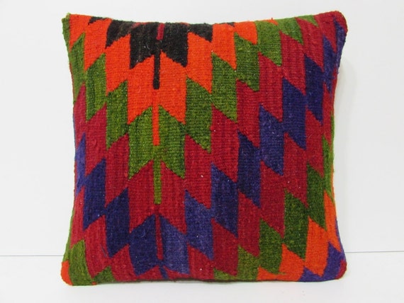 HAND WOVEN orange decorative pillow bed sofa throw pillow blue