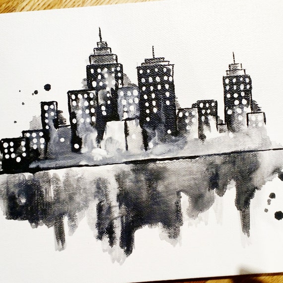 Abstract City Skyline Painting Black and White