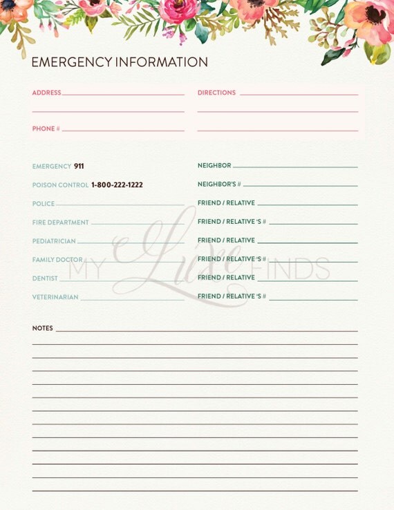 Items similar to Emergency Information Printable - Home Management ...