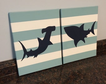 shark nursery shark toddler room wall art navy and aqua shark decor shark painting shark kid room theme shark bathroom shark bedding