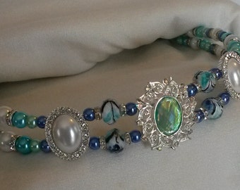 Mint, Teal, Pearly Beaded Browband for Horse Bridle. Fancy, Ornamental Center. Bling English or Dressage Browband Or For Western Headstall