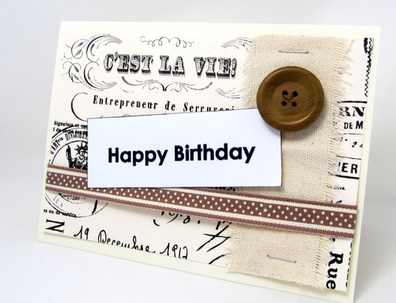 Birthday Card - Happy Birthday - Paris - Ivory and Black - French Script - Blank Card - Canvas Accent - Neutral Colors