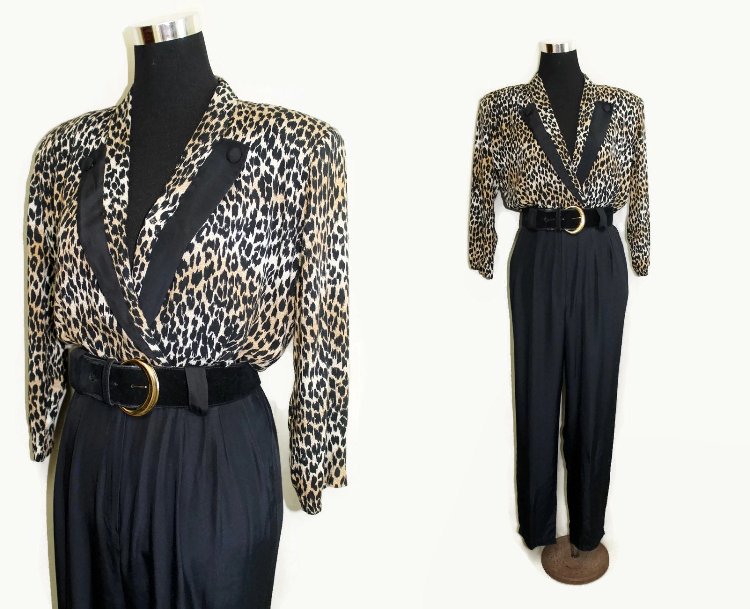 80s Jumpsuit Leopard Print 1980s Black Jumpsuit Wrap Top 80s