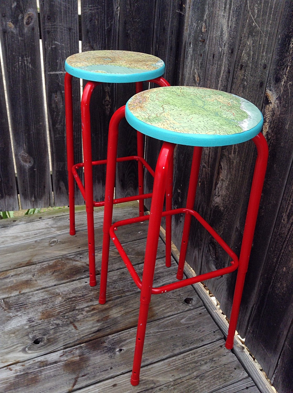 Refurbished/Reappointed MidCentury Bar Stools with Map Seats Haute Juice