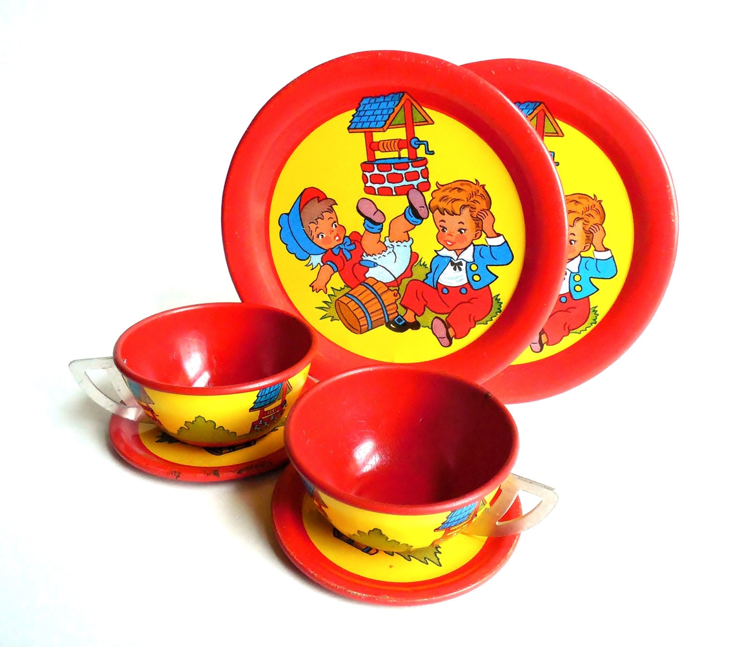 Jack & Jill Tin Toy Dishes Vintage Ohio Art Plates Cups